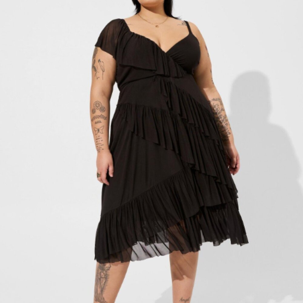 Torrid Midi Mesh Ruffle Surplice Dress 0